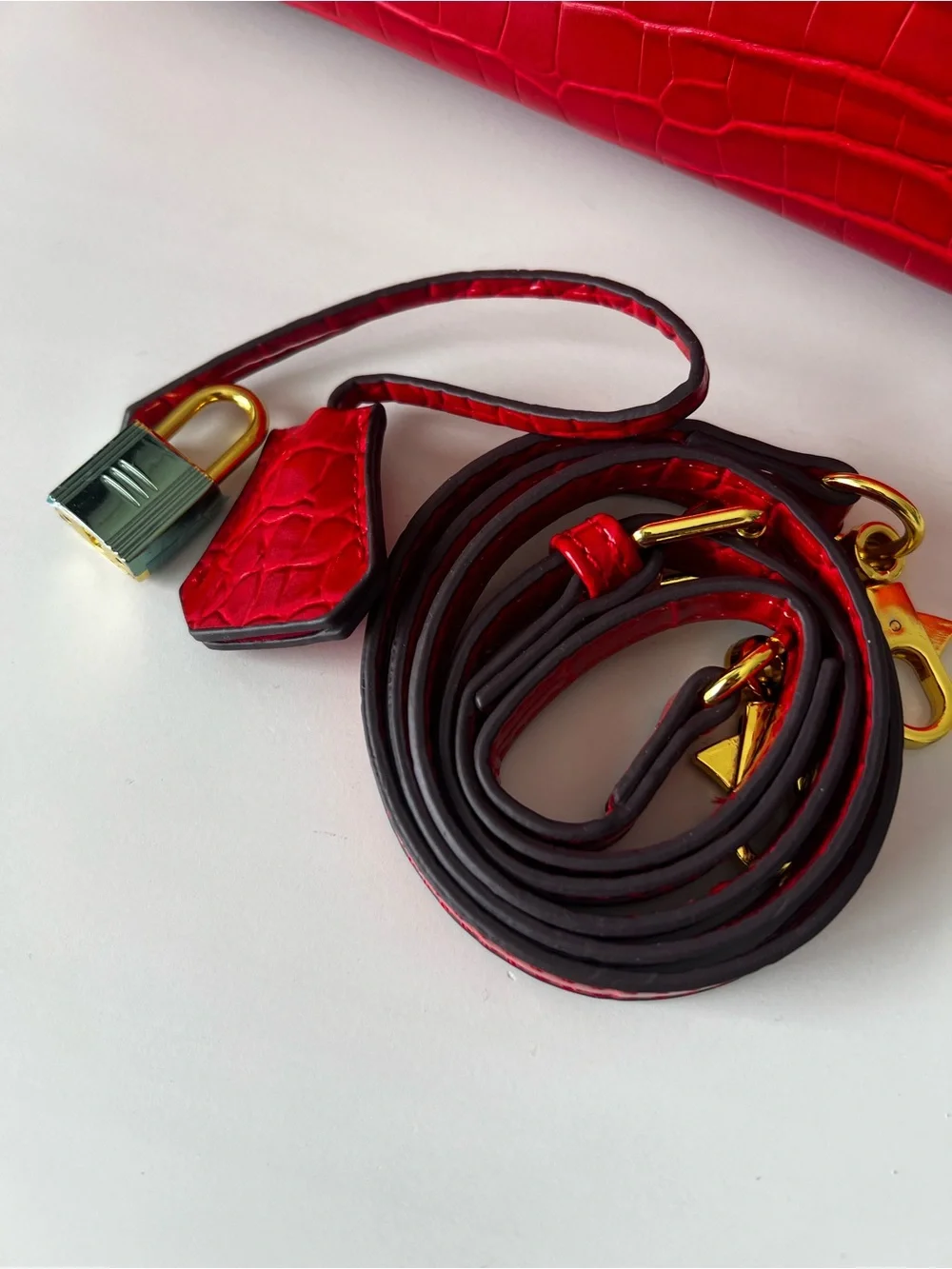 Red Croc-Embossed Structured Top-Handle Bag